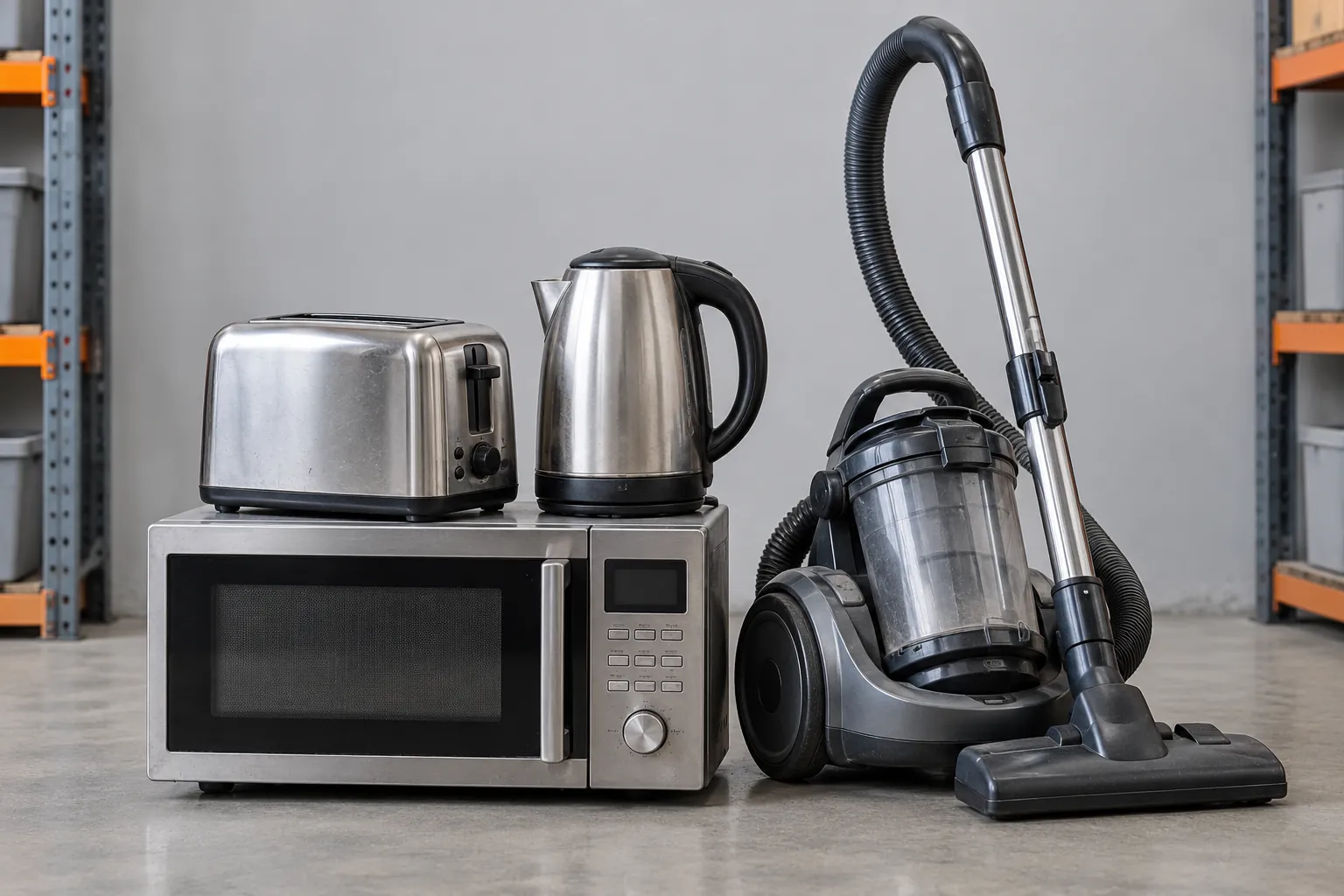 Illustrative Microwave, toaster, kettle and vacuum cleaner.