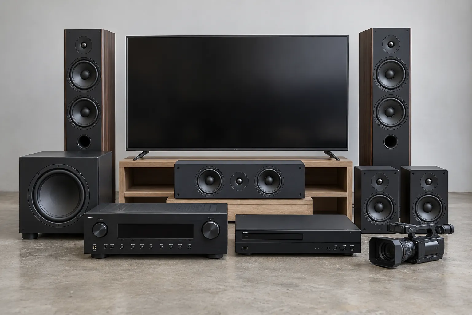 Illustrative Television, speakers and video equipment.
