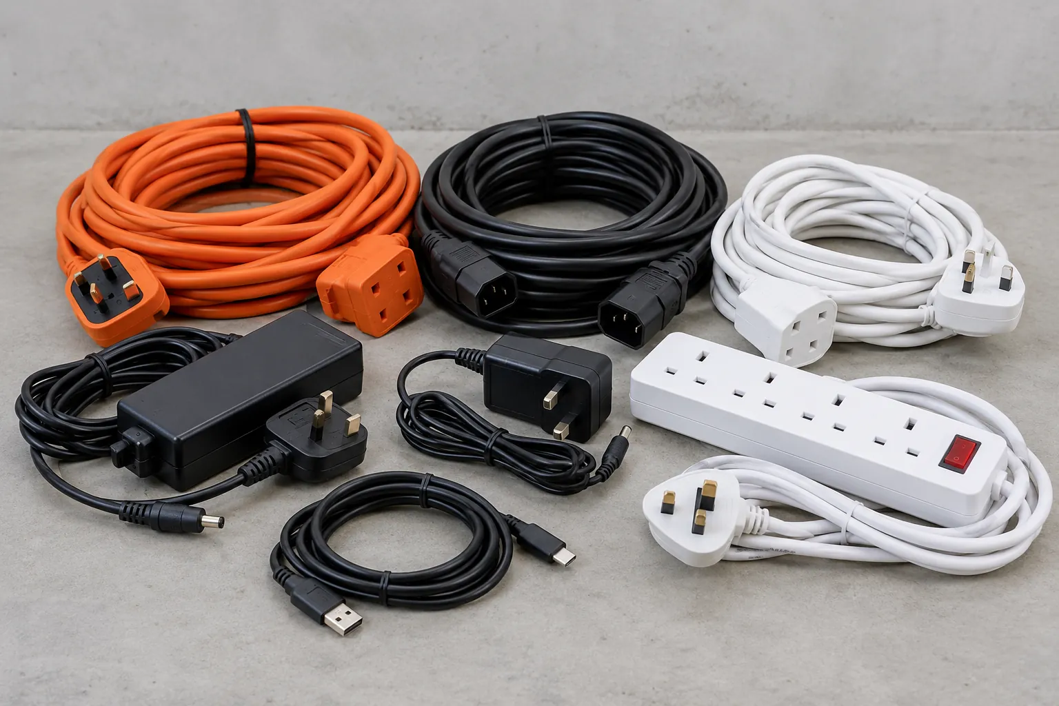 Illustrative Coiled cables, adapters and extension leads.