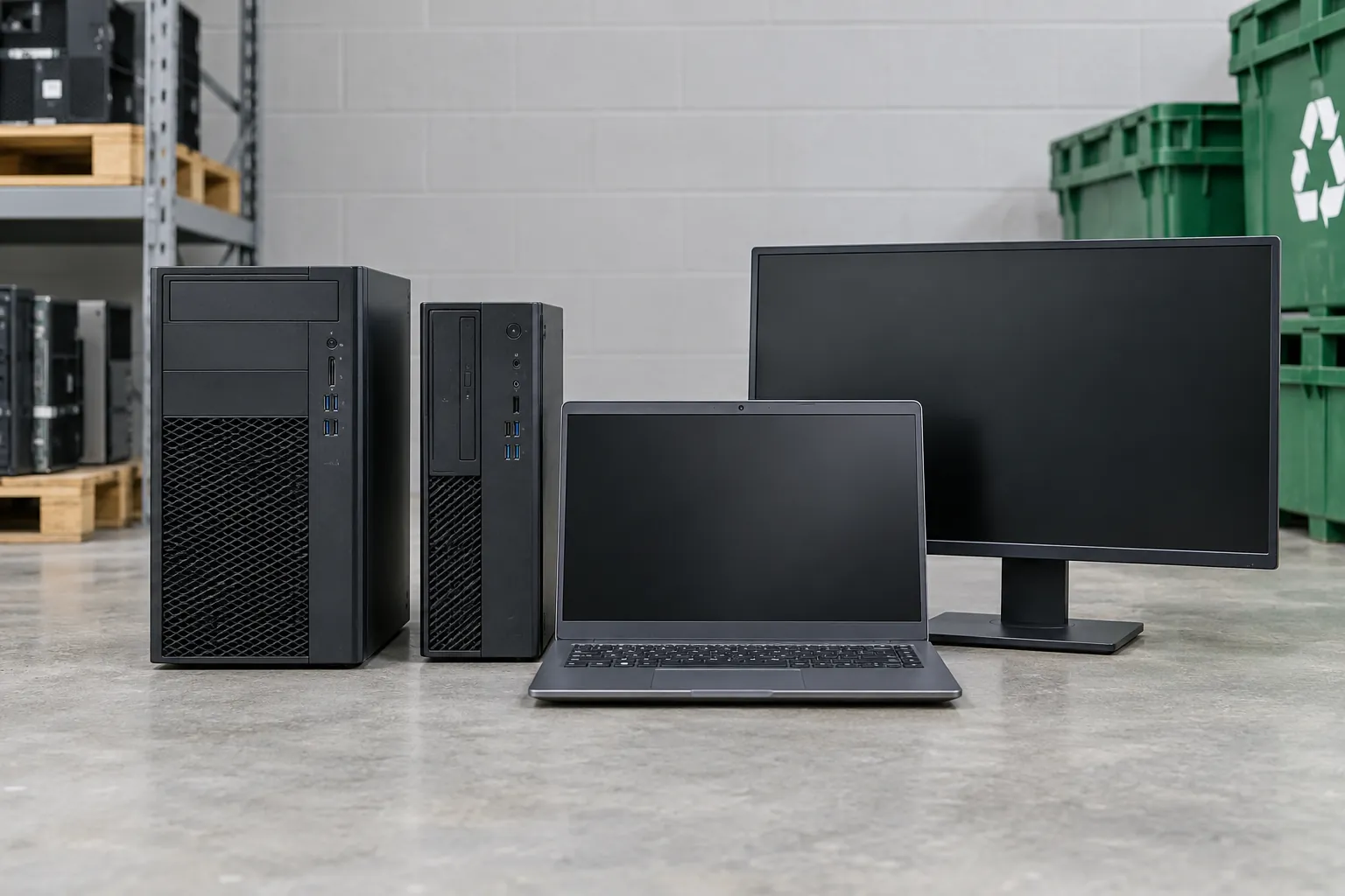 Illustrative Desktop PCs, laptop and computer monitor.