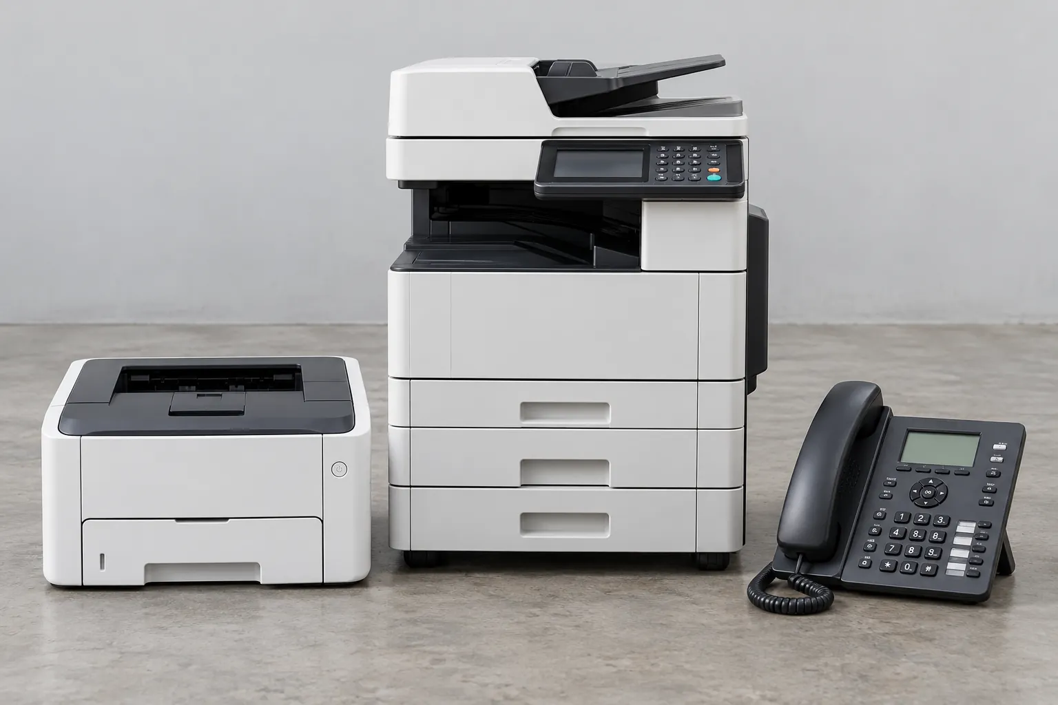 Illustrative Printer, copier and office telephone.