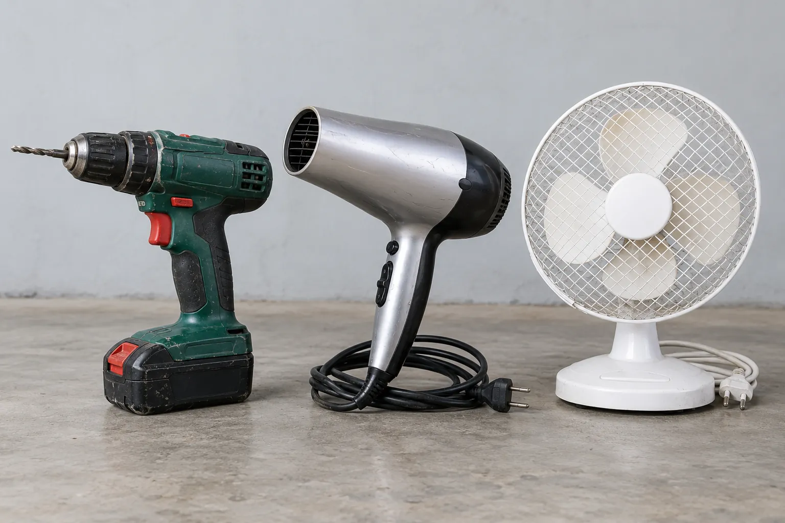 Illustrative Electric drill, hairdryer and electric fan.